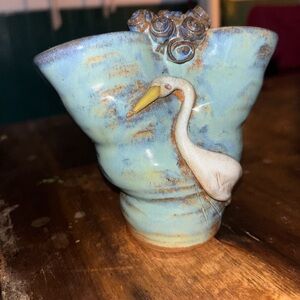Artisan Ceramic Vase with Heron Motif